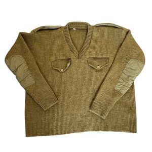 VTG Men’s Indian Army Khaki Wool Sweater with Pockets and Epaulets